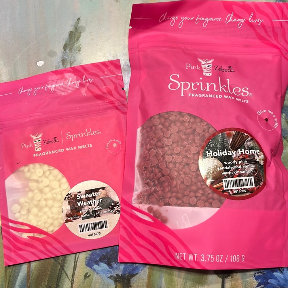 Pink zebra wax melt sprinkles full size with a sample